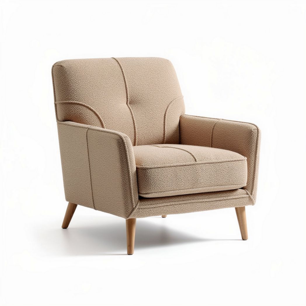 Modern upholstered armchair in beige fabric with wood legs 80 x 80 x 85cm