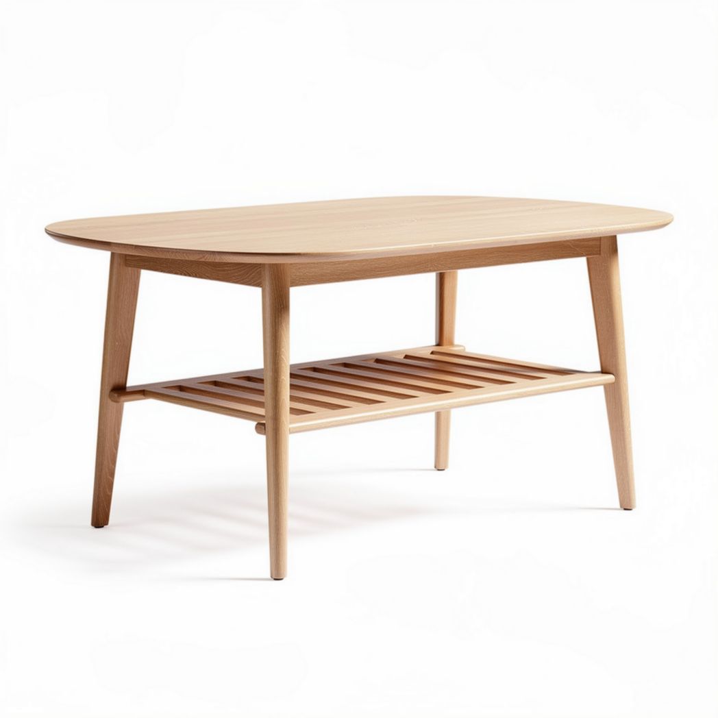 Wooden coffee table with slatted shelf and curved edges 120 x 60 x 45cm