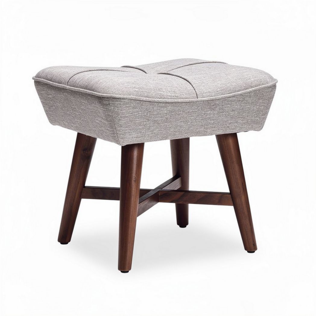 Upholstered footrest in light gray fabric with wooden legs 45 x 40 x 35cm
