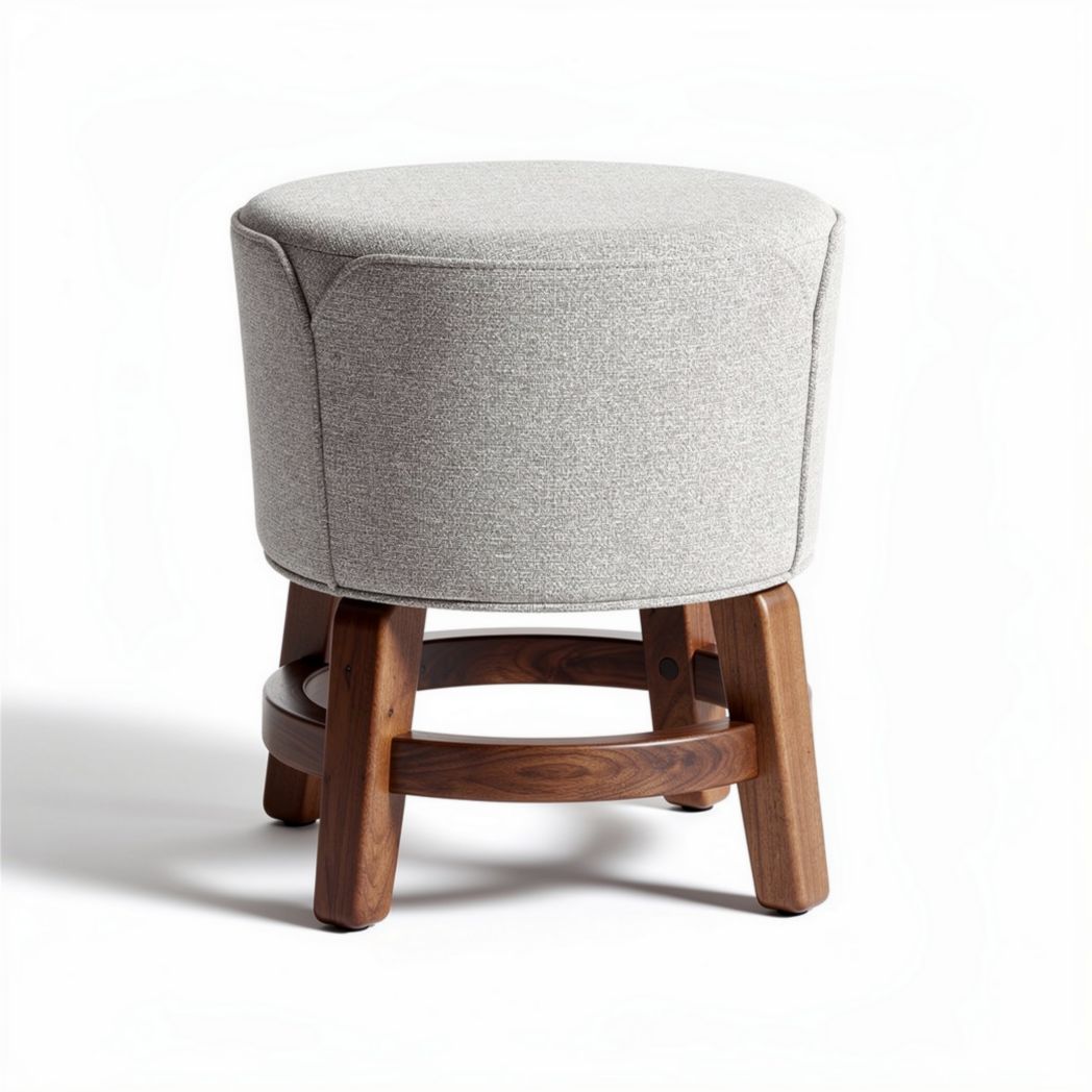 Upholstered round footstool with wooden base in grey fabric 30 x 30 x 40cm