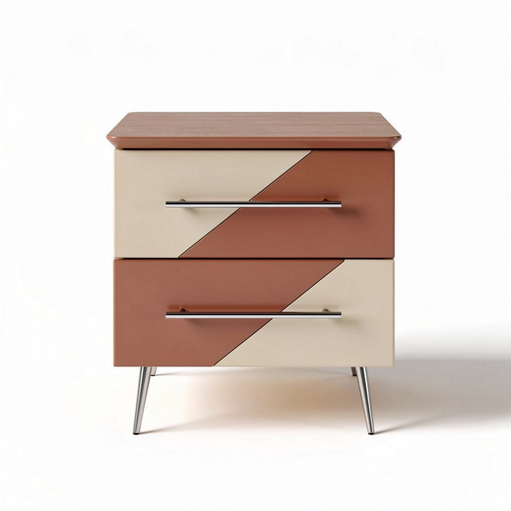 Two-drawer bedside table in brown and cream with metal handles 50 x 40 x 45cm