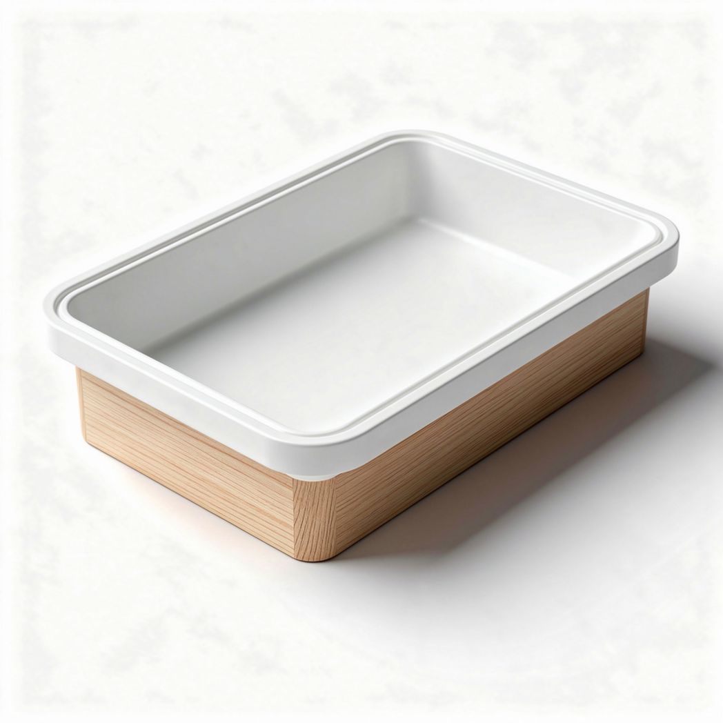 Ceramic baking dish with wooden base 30 x 20 x 5cm for kitchen use