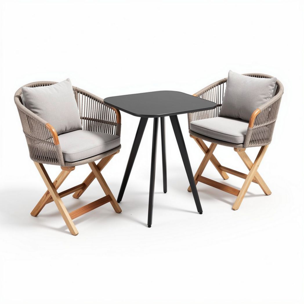 Outdoor patio furniture set with grey cushions and wooden accents 80 x 80 x 75cm