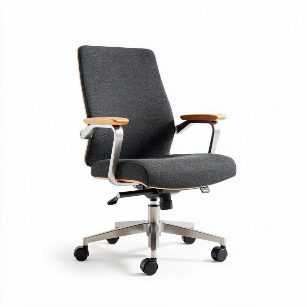Ergonomic office chair with adjustable armrests and grey fabric upholstery