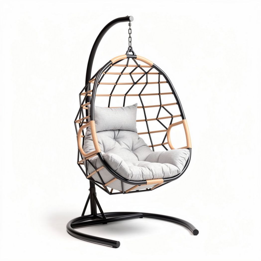 Hanging egg chair with soft cushion in black and natural wood finish 120 x 95 x 200cm