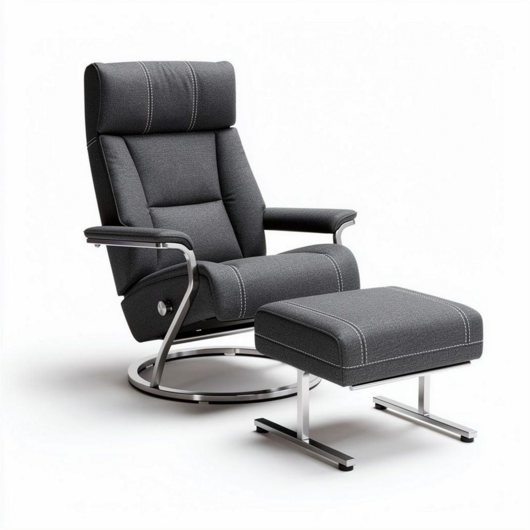 Reclining chair with ottoman in dark grey fabric and chrome frame