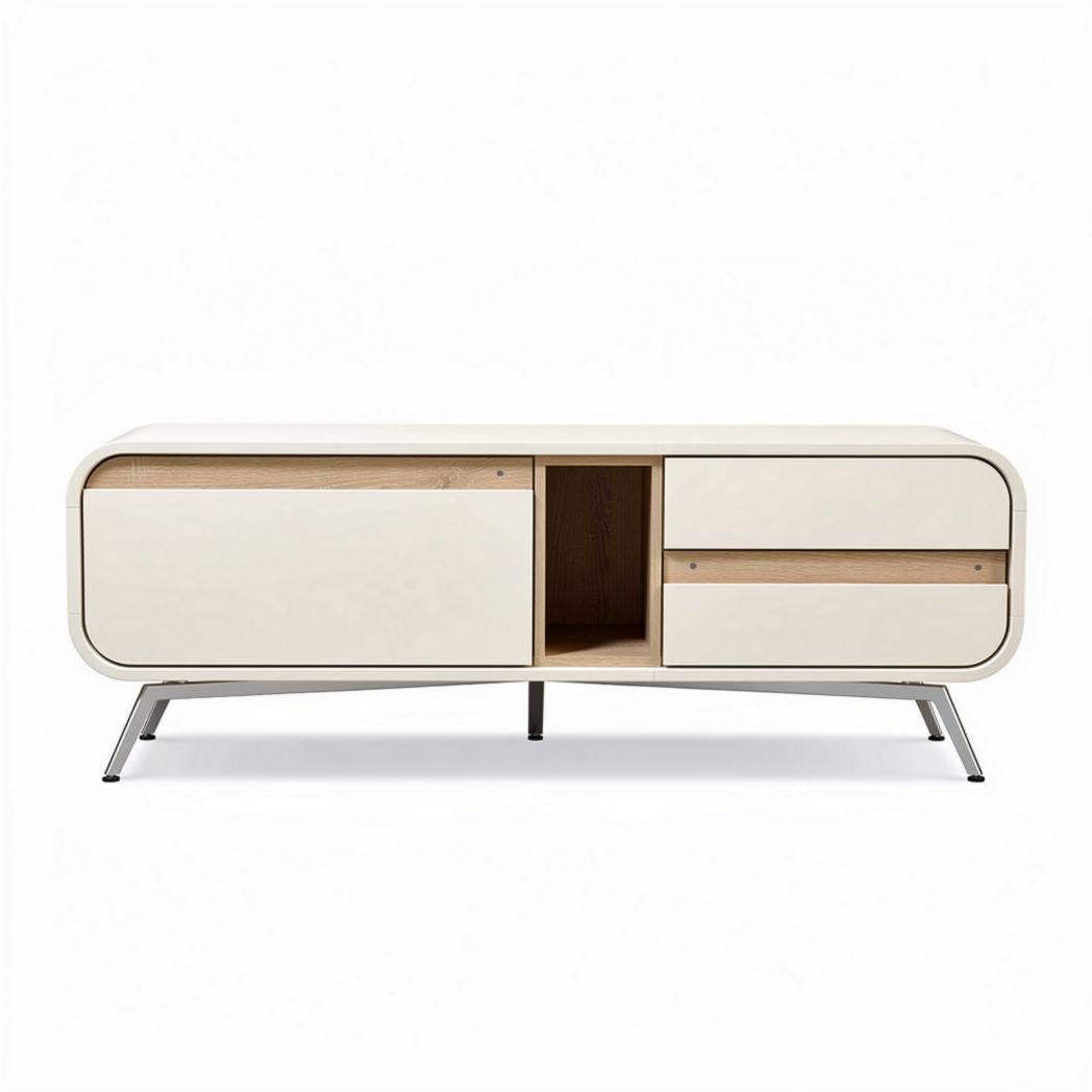 White wooden TV stand with storage compartments 150 x 45 x 40cm